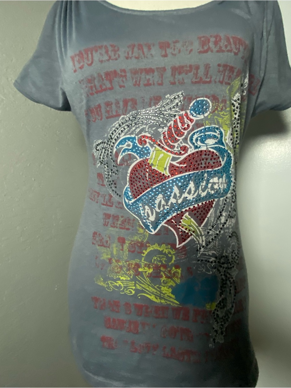 Y2K Grey Passion Rhinestone Graphic Top Size Medium - Picture 9 of 9